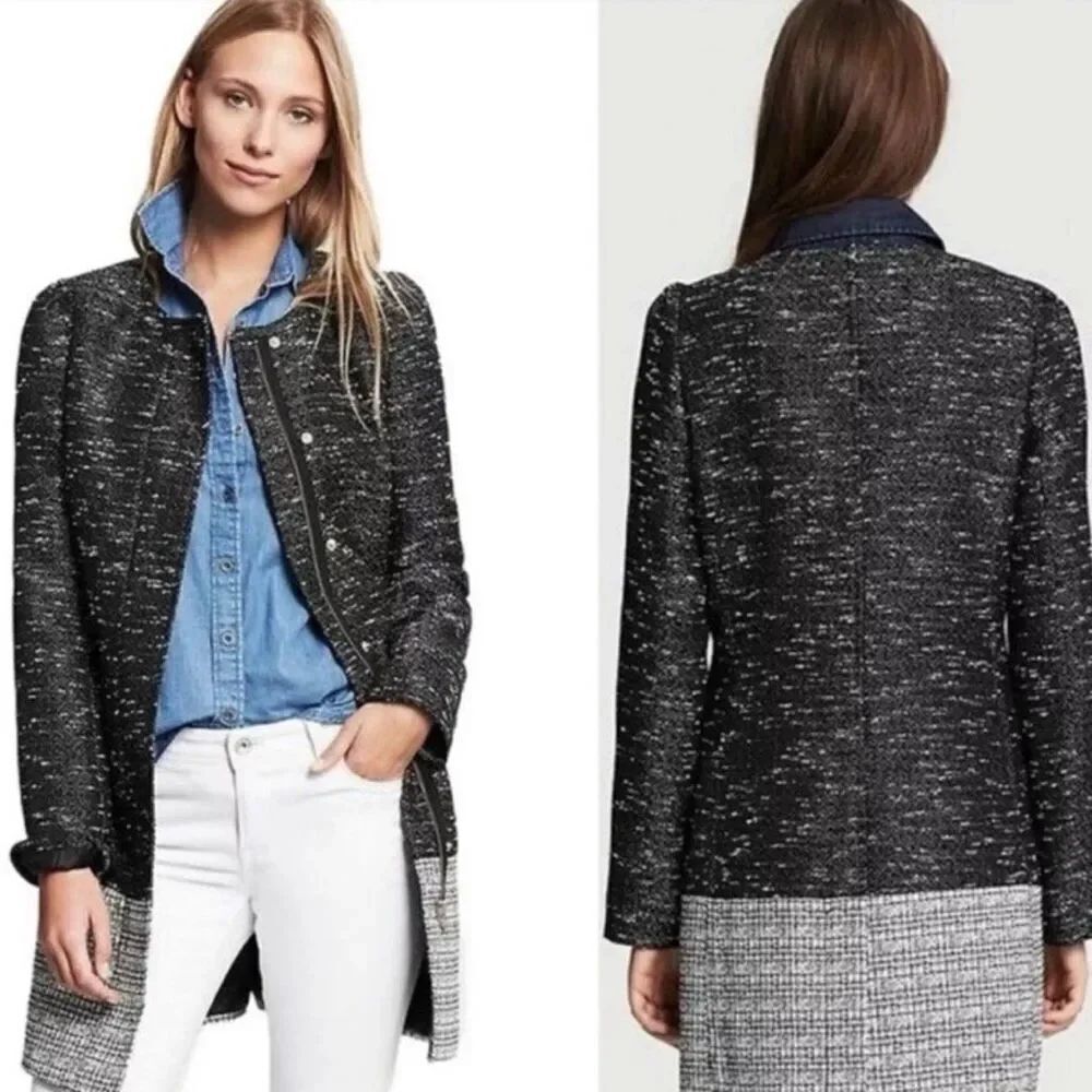 Banana Republic Black White Collarless Tweed Coat size Small